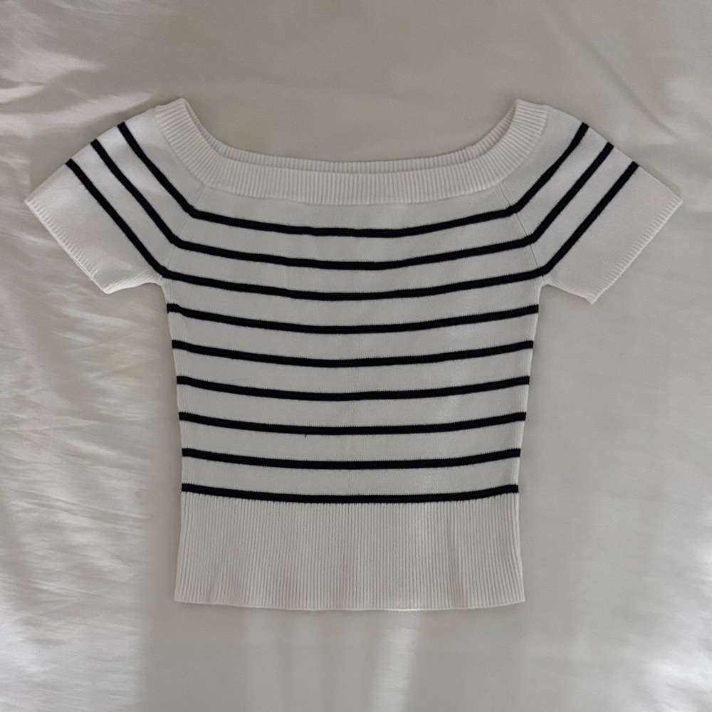 Garage Black and White Striped Off-Shoulder Top